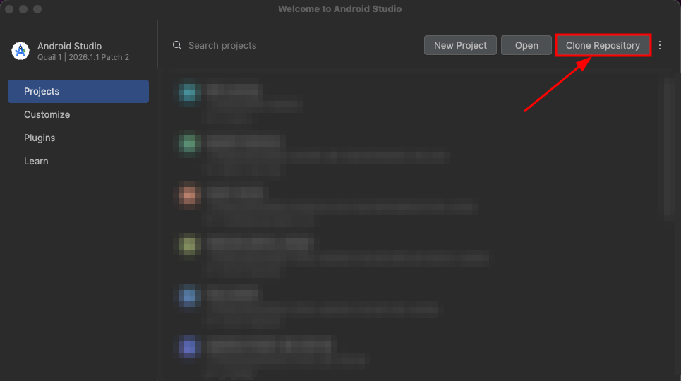 Android Studio dashboard