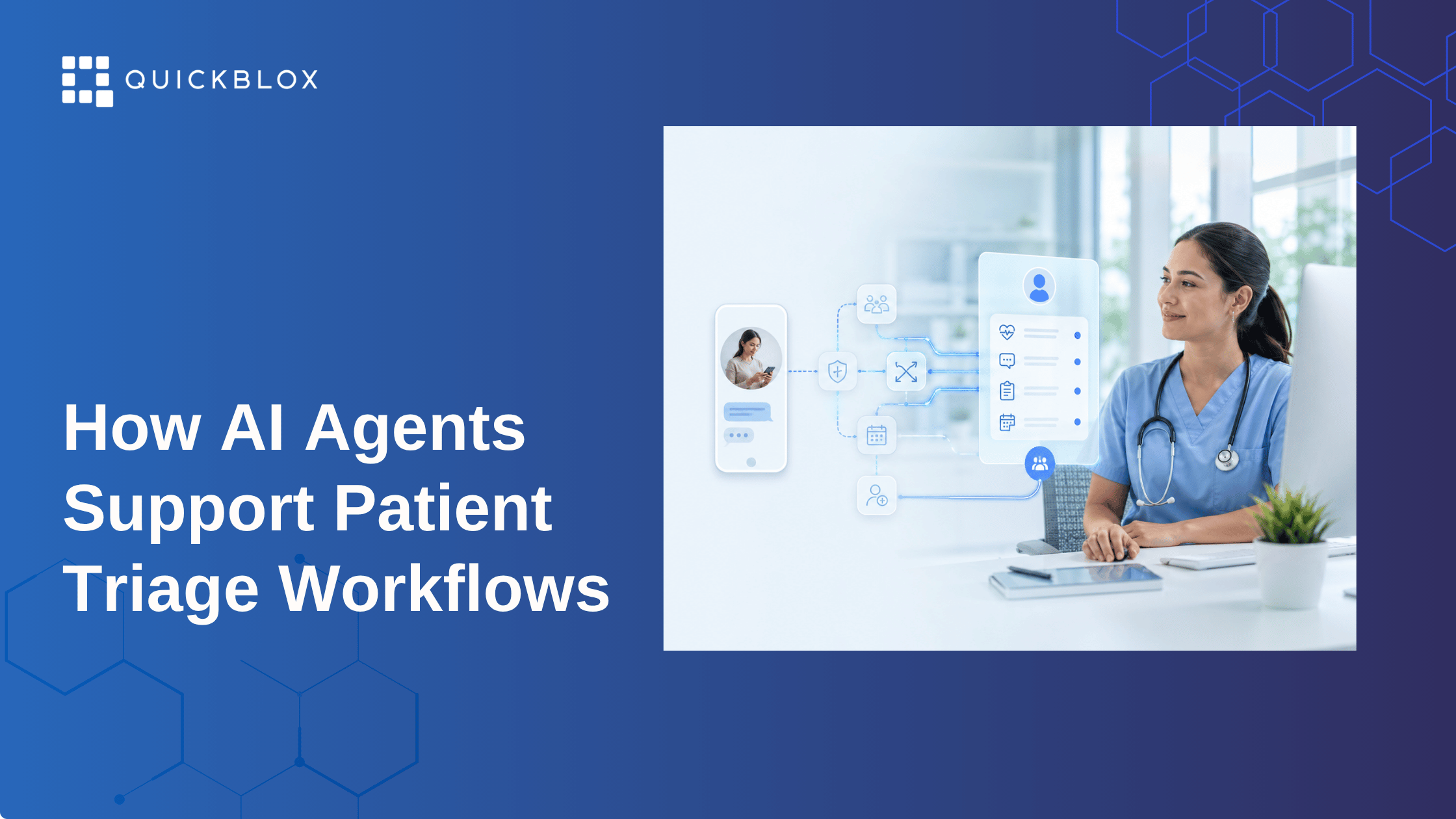 Healthcare professional receiving patient information through an AI-assisted triage workflow with intake, routing, scheduling, and human handoff.