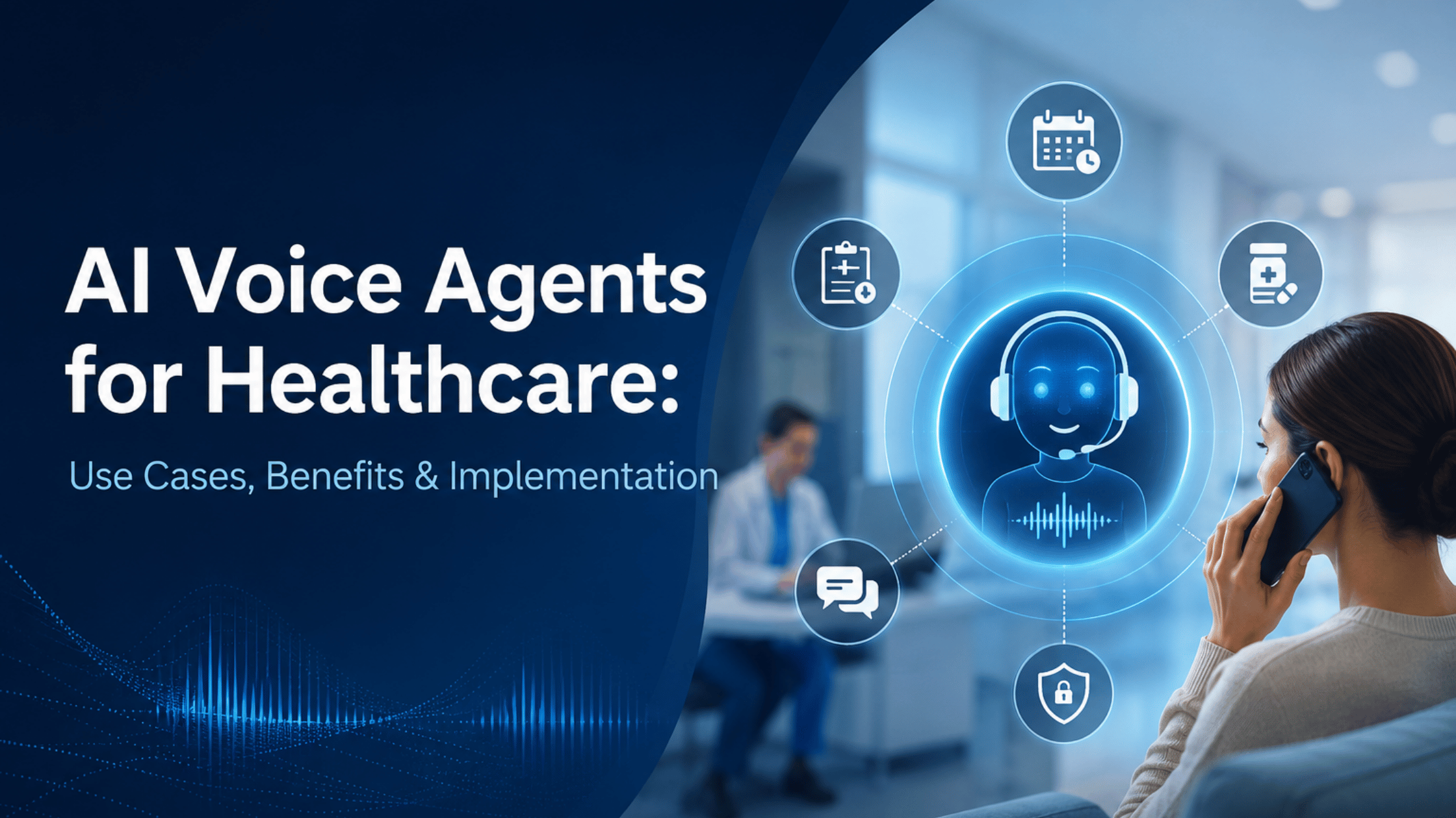 Patient speaking on a phone beside an AI voice agent interface for scheduling, messaging, prescriptions, and secure patient support.