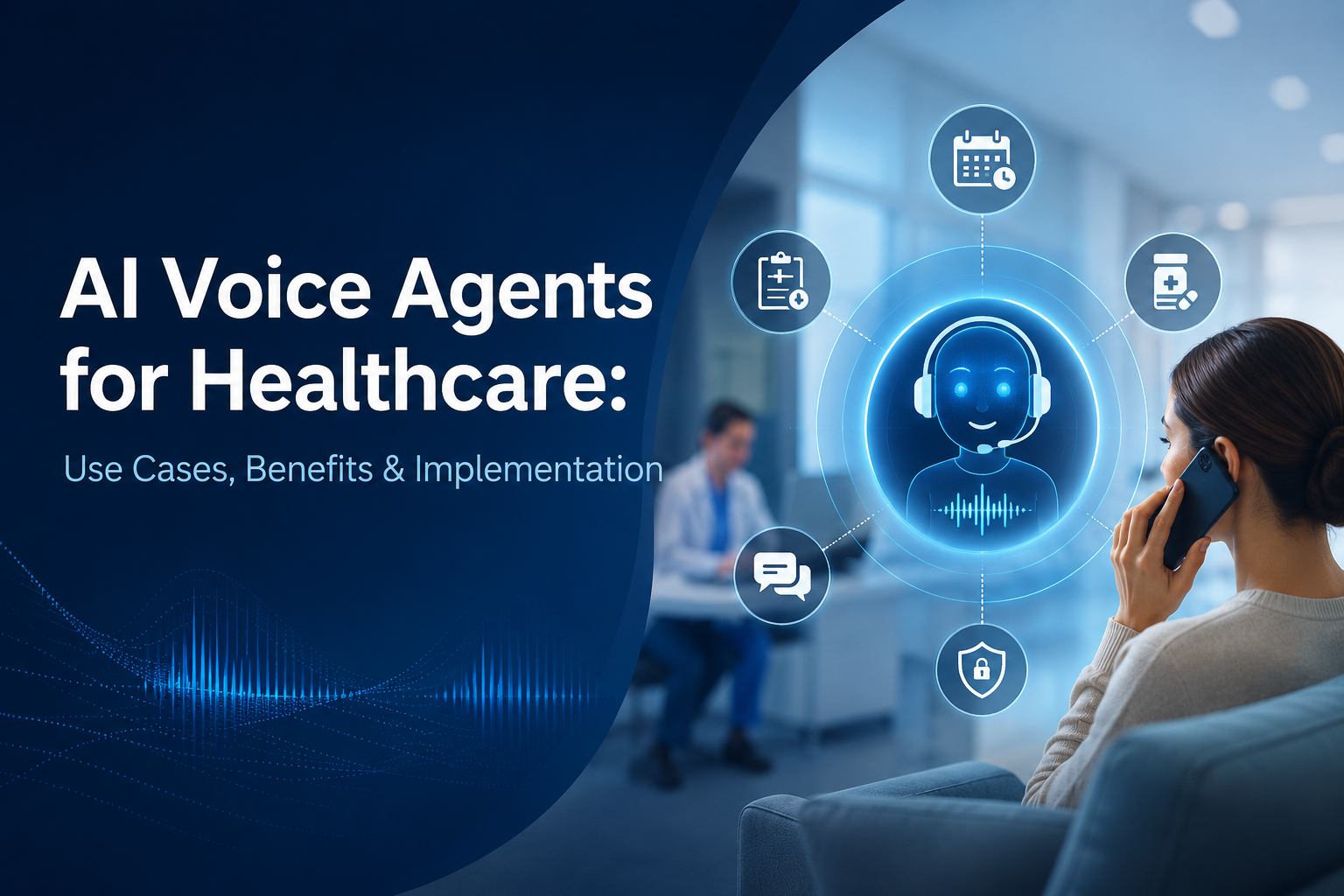 Patient speaking with an AI voice agent for healthcare on a smartphone, with scheduling, messaging, security, and medication management icons appear in a connected digital interface