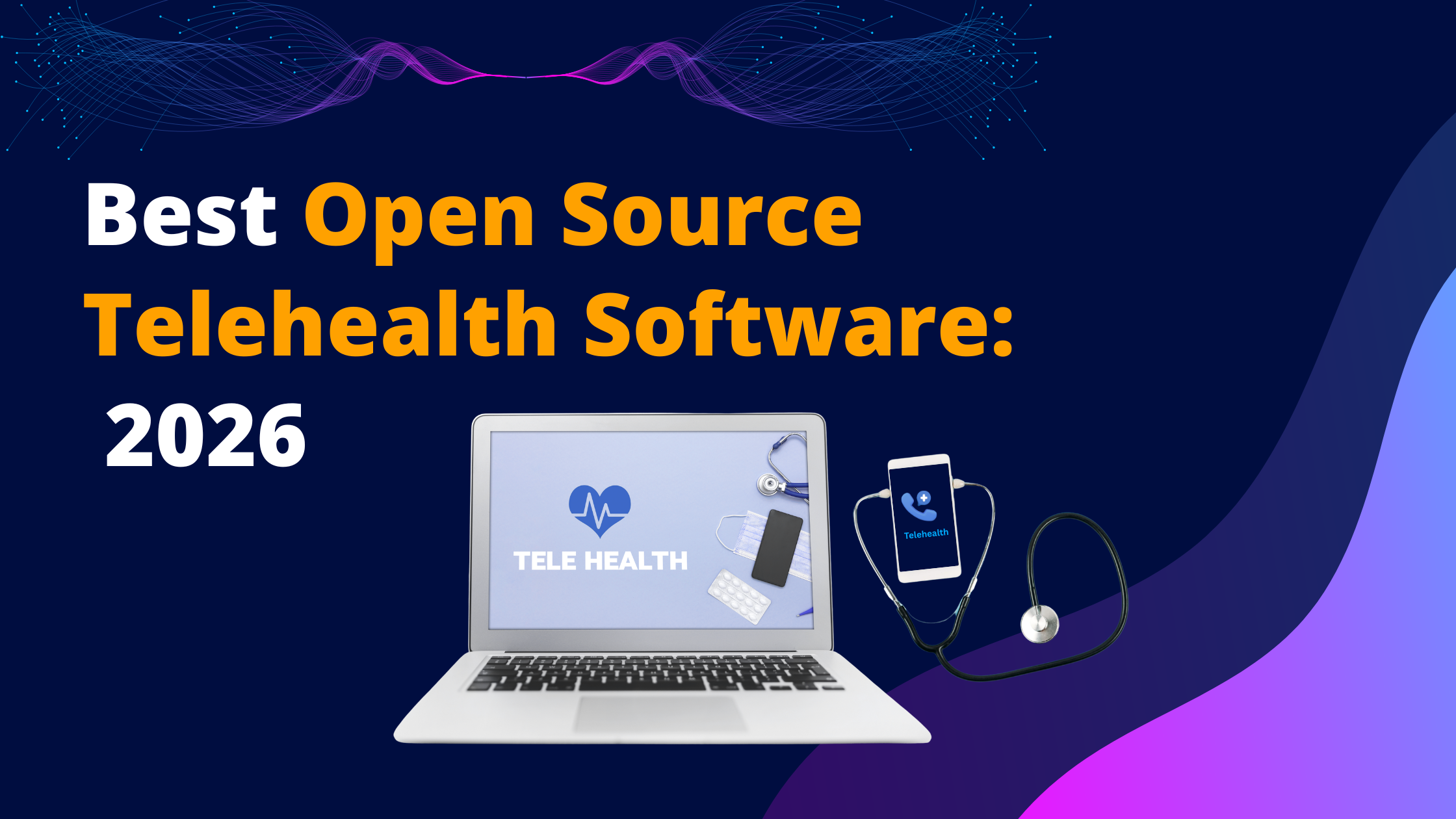Illustration of an open laptop with open source telehealth software visible on its screen.