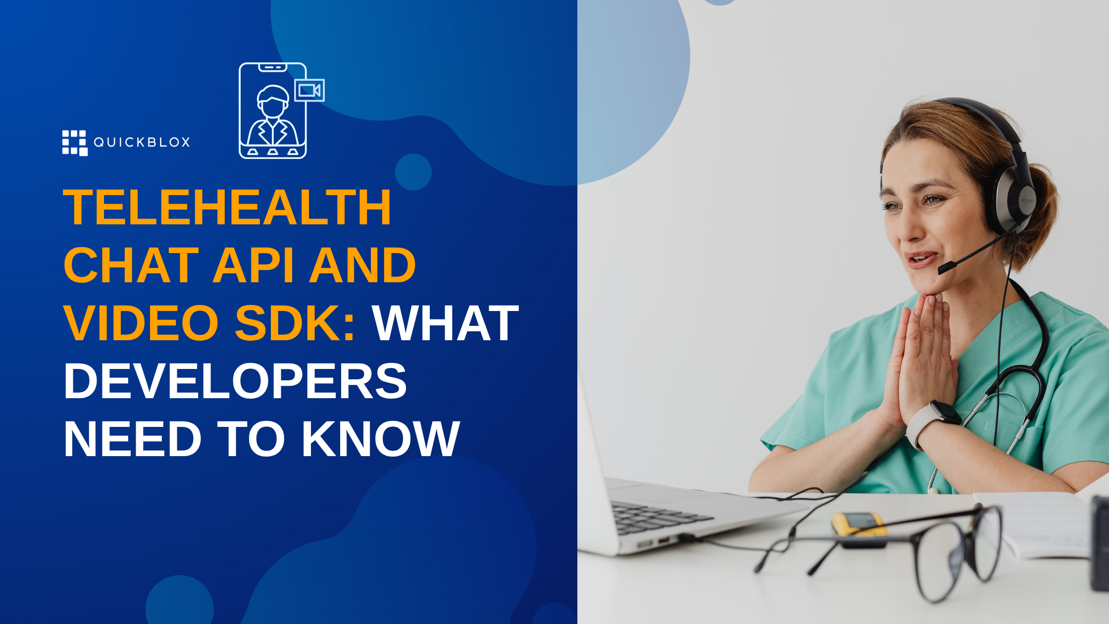 female healthcare professional connecting with a patient over her computer using telehealth software built with chat API and video SDK