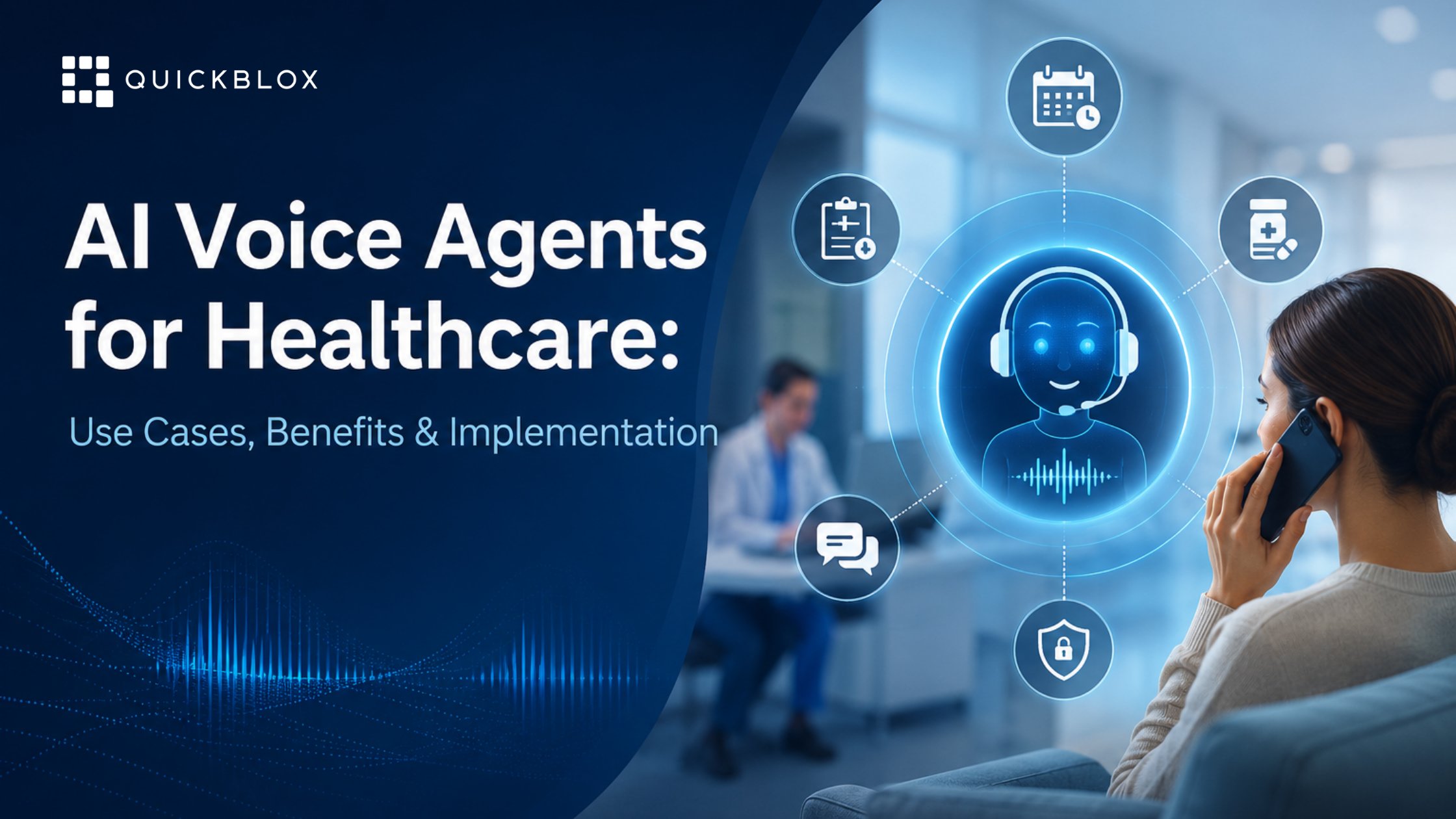 Patient speaking with an AI voice agent for healthcare on a smartphone, with scheduling, messaging, security, and medication management icons appear in a connected digital interface.