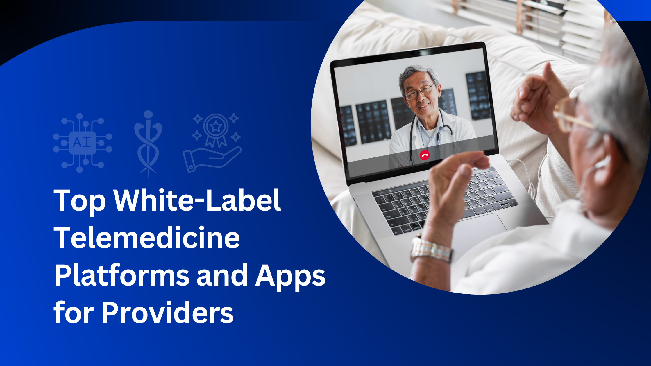 An eldery man sitting in his home with a laptop on his lap, consulting with a doctor via a telehealth app.