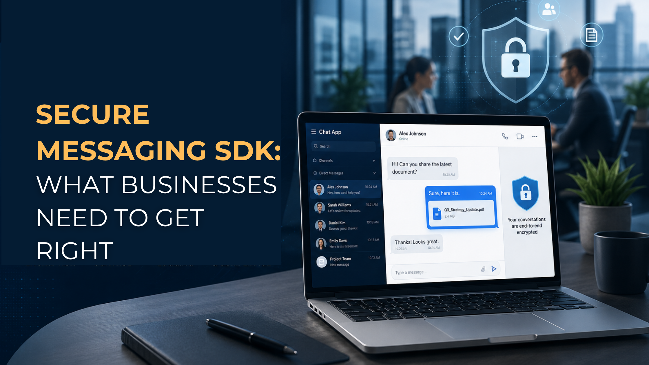 Secure messaging SDK illustration showing a business workspace, chat application interface, and cybersecurity shield icons.