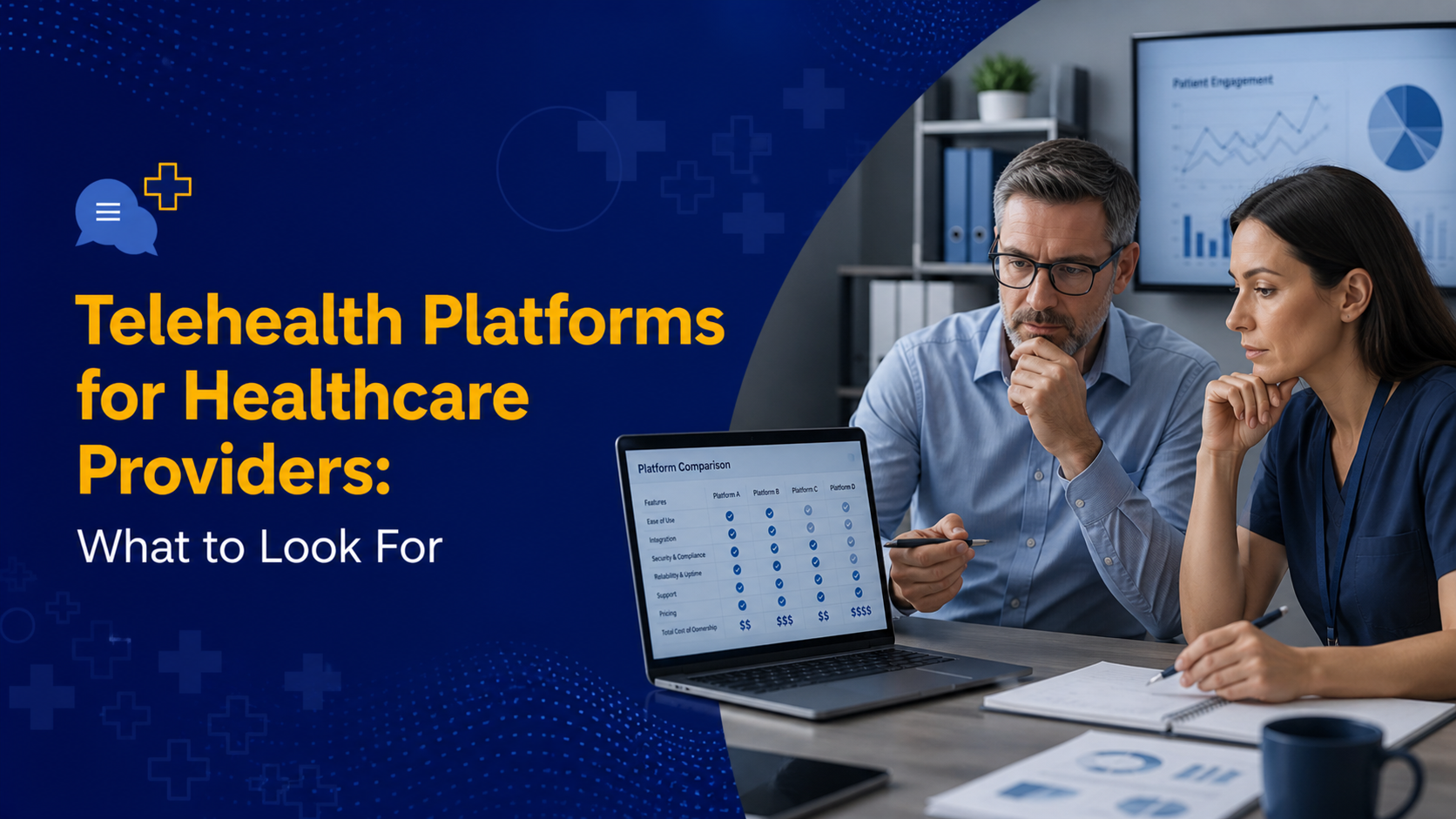 Healthcare providers evaluating telehealth platforms, reviewing features and performance on a laptop in a clinical setting