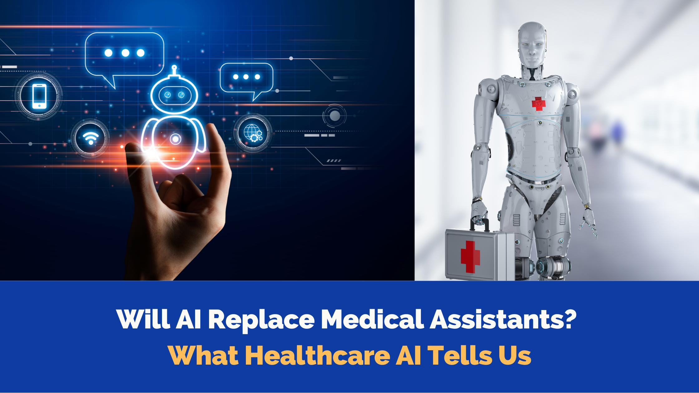 icon of an AI healthcare chatbot on one side, and a silver healthcare robot carrying a medical case on the other