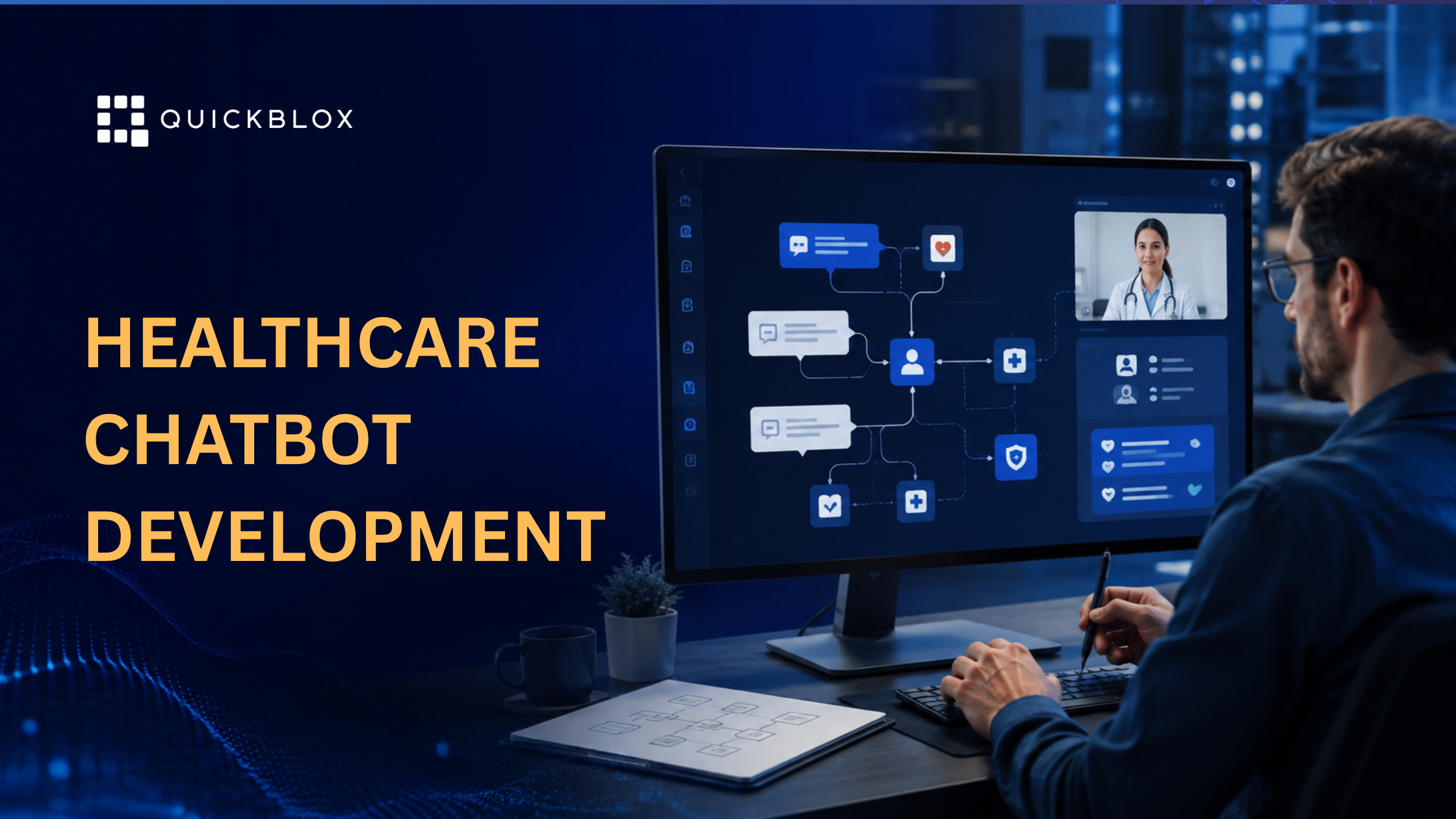 Developer building a healthcare chatbot using a visual conversation workflow with clinical integration and security features.