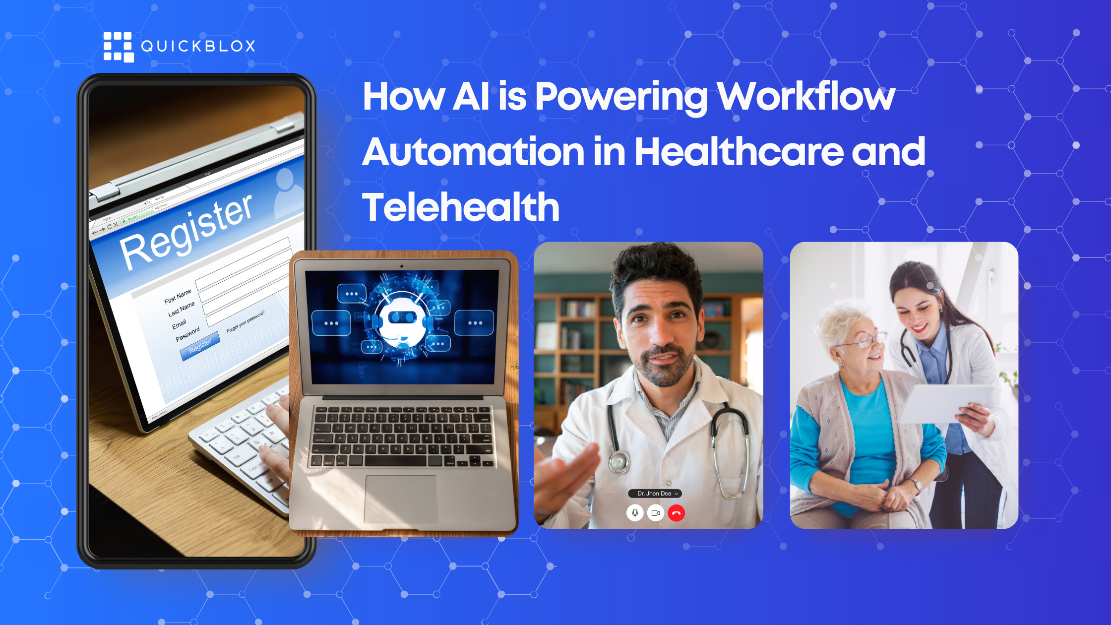 A doctor with a patient, a doctor appearing on a video consultation screen, a automated intake form visible