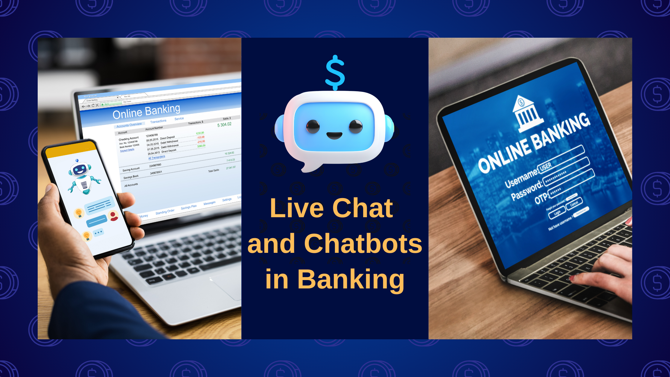 Two laptop computors showinga banking app on the screen, and an image of a banking chatbot between the two screens