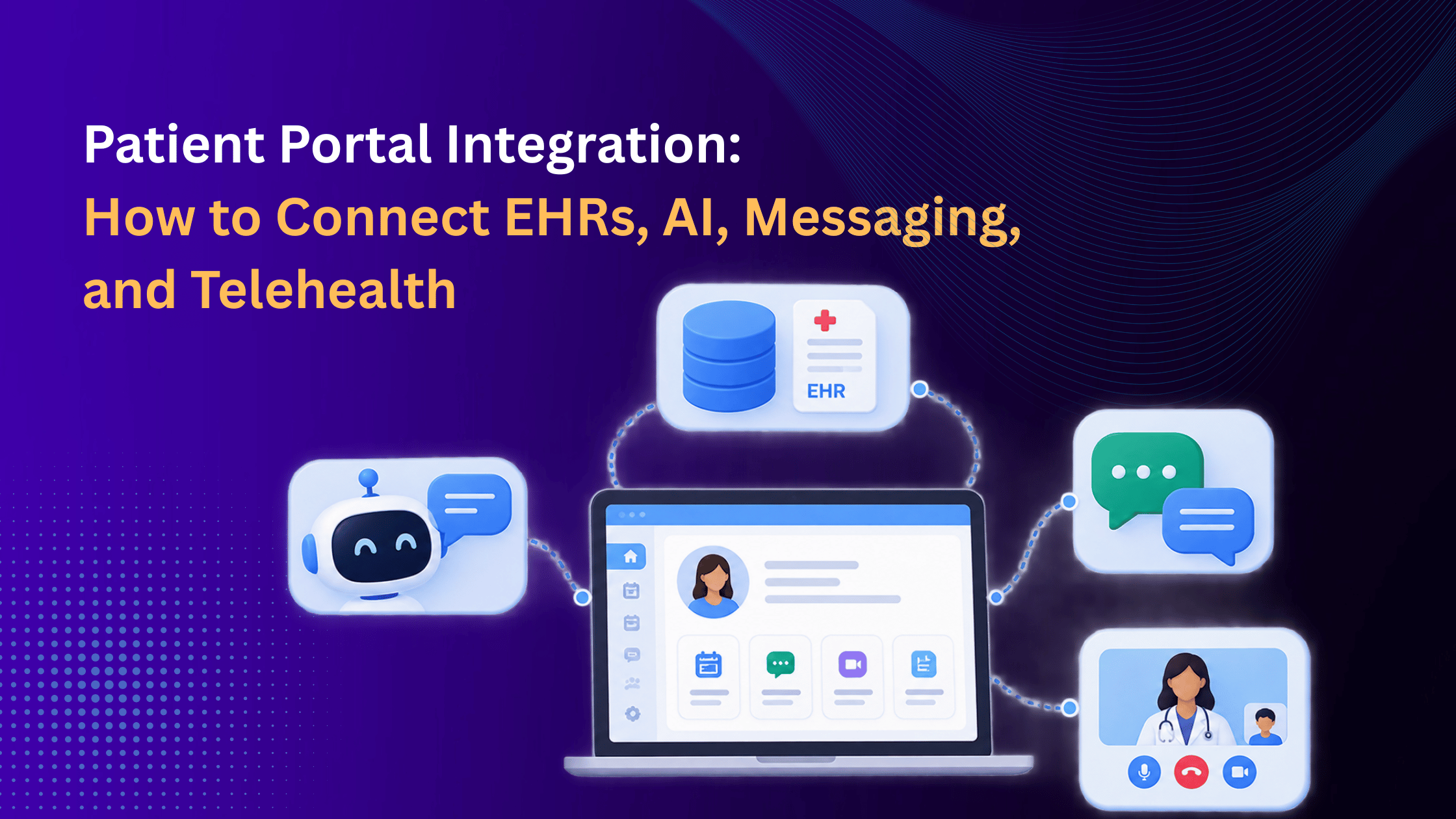 A patient portal linking to an AI agent, EHR system, chat messaging and a video consultation