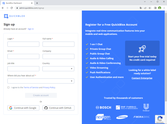 QuickBlox Sign-in page
