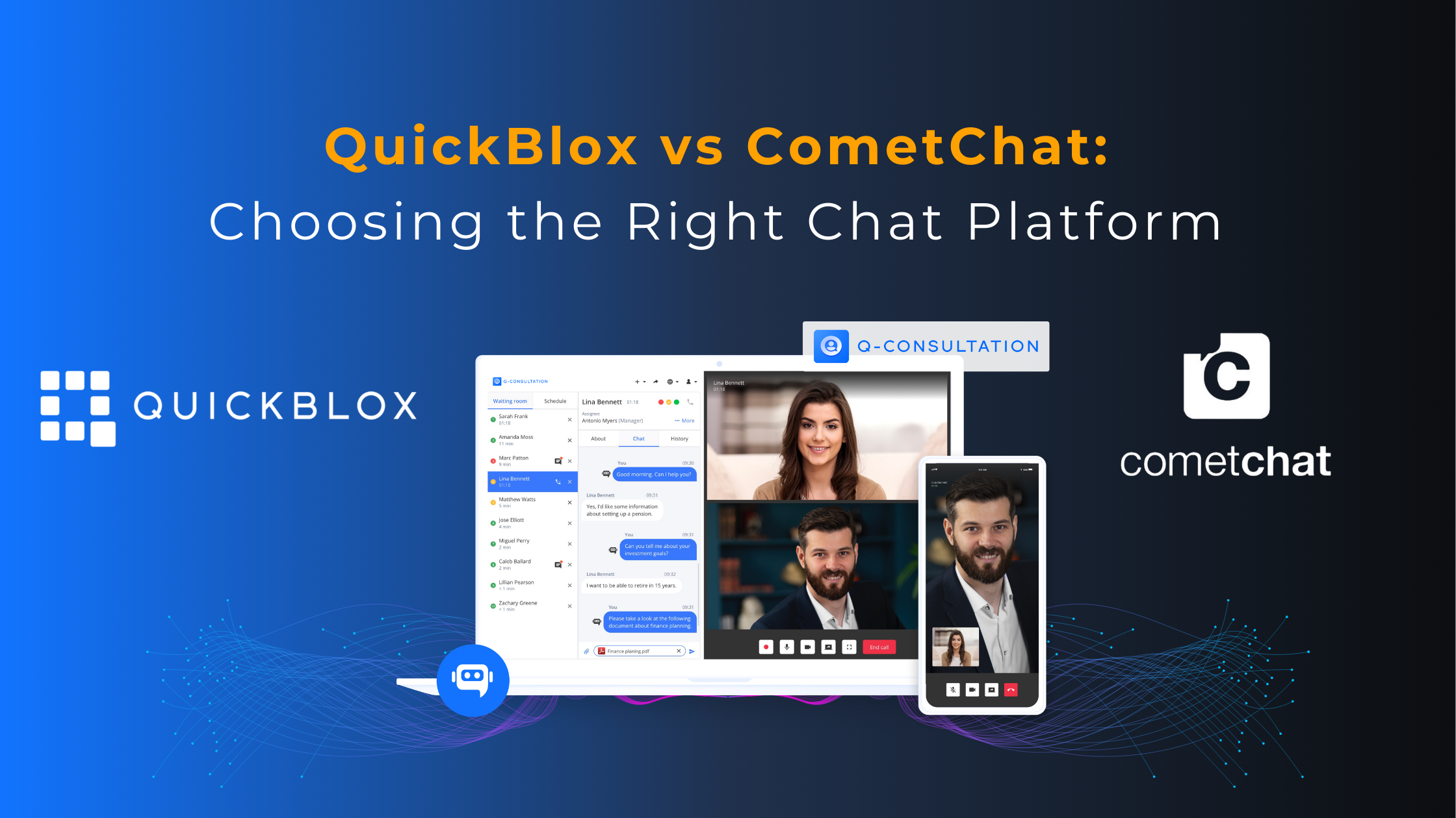 company logos for QuickBlox and Cometchat on either side of a desktop and mobile app screen showing a video chat app.