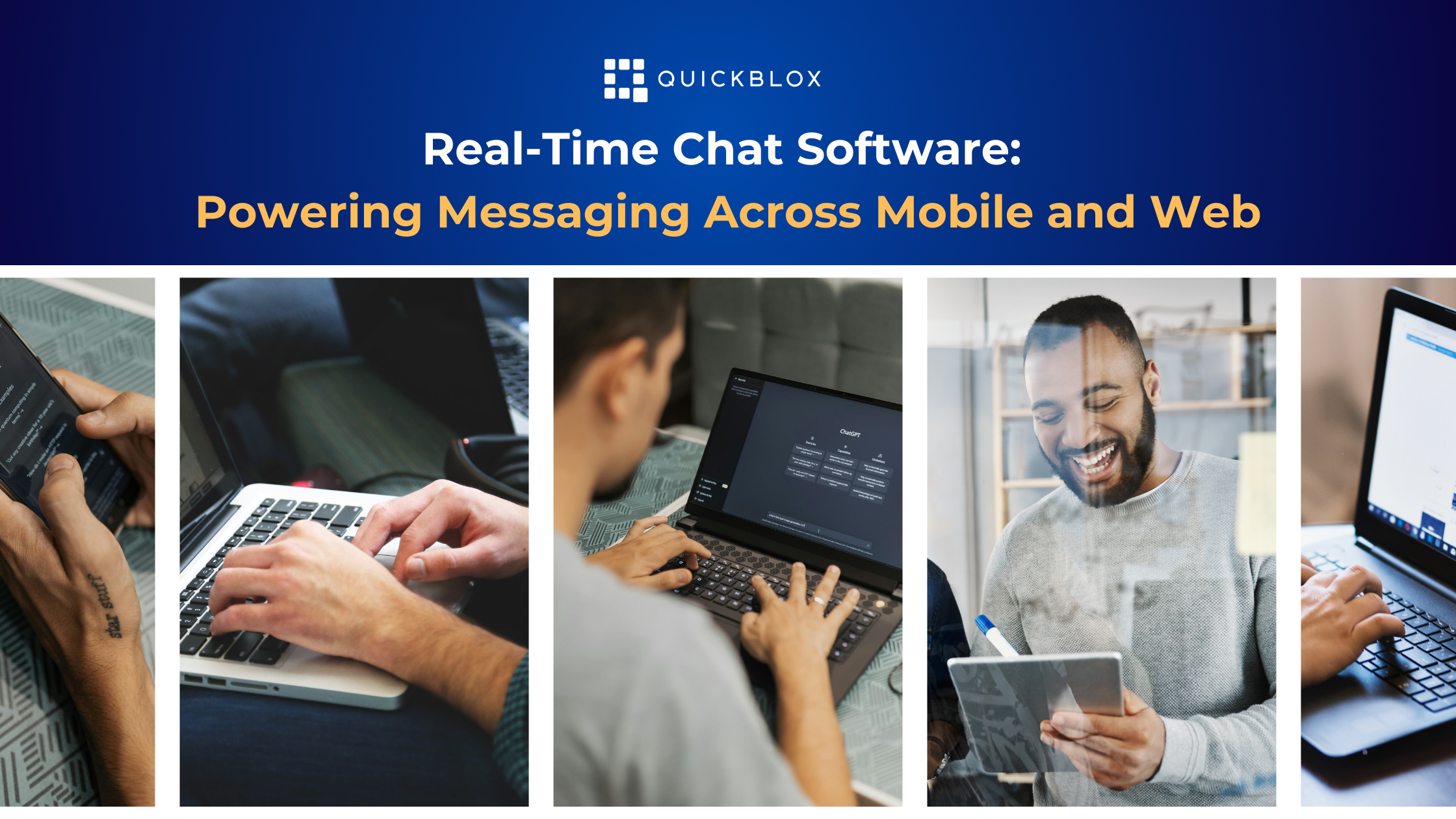 3 images side-by-side of individuas using real-time chat software on their laptops and tablets to communicate with others