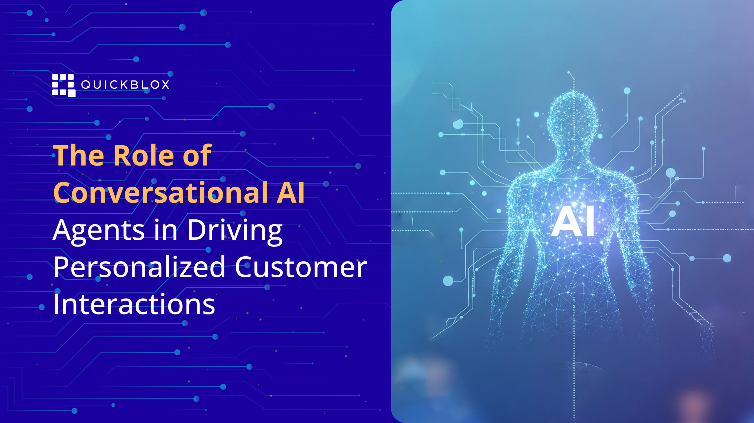 AI icon superimposed on the outline of a human next to copy of the blog article - Role of Conversational AI in Driving Personalised Customer Interactions