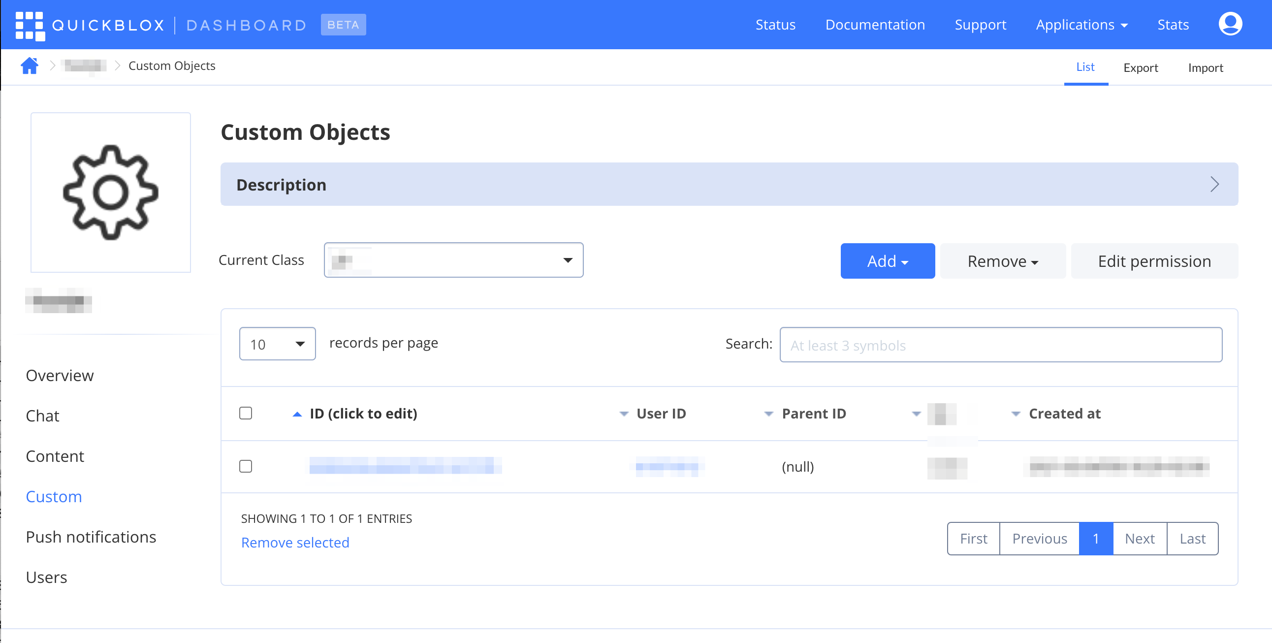 custom objects-list page on QuickBlox dashboard