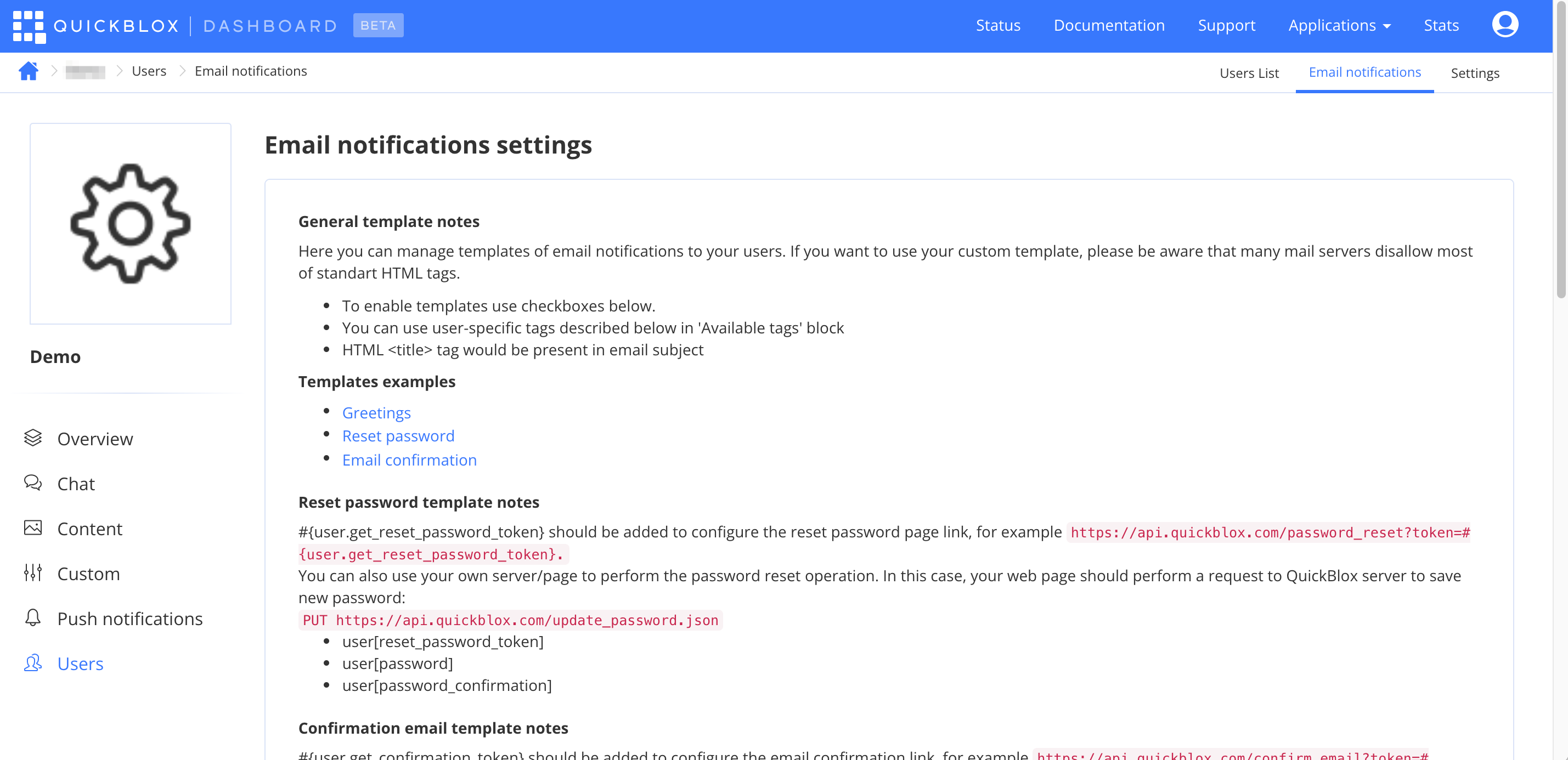 users-email notifications page on QuickBlox dashboard