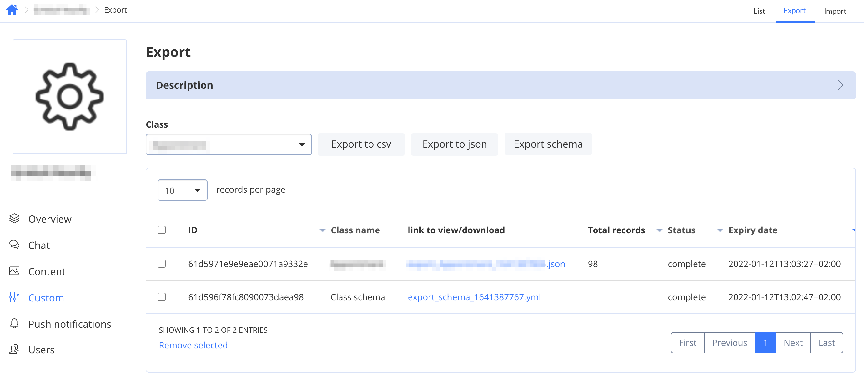Custom objects-export page on QuickBlox dashboard