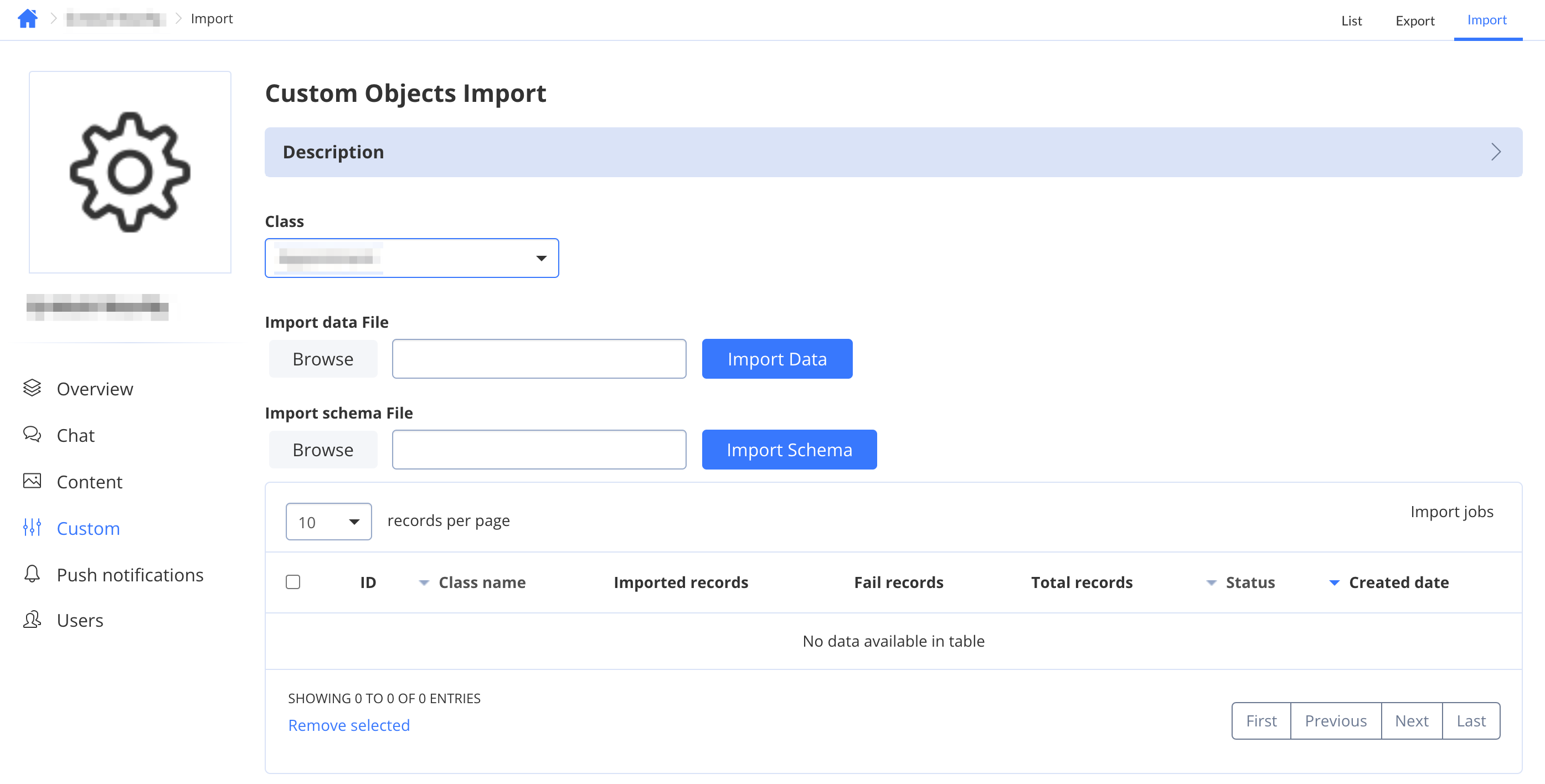 custom objects import page