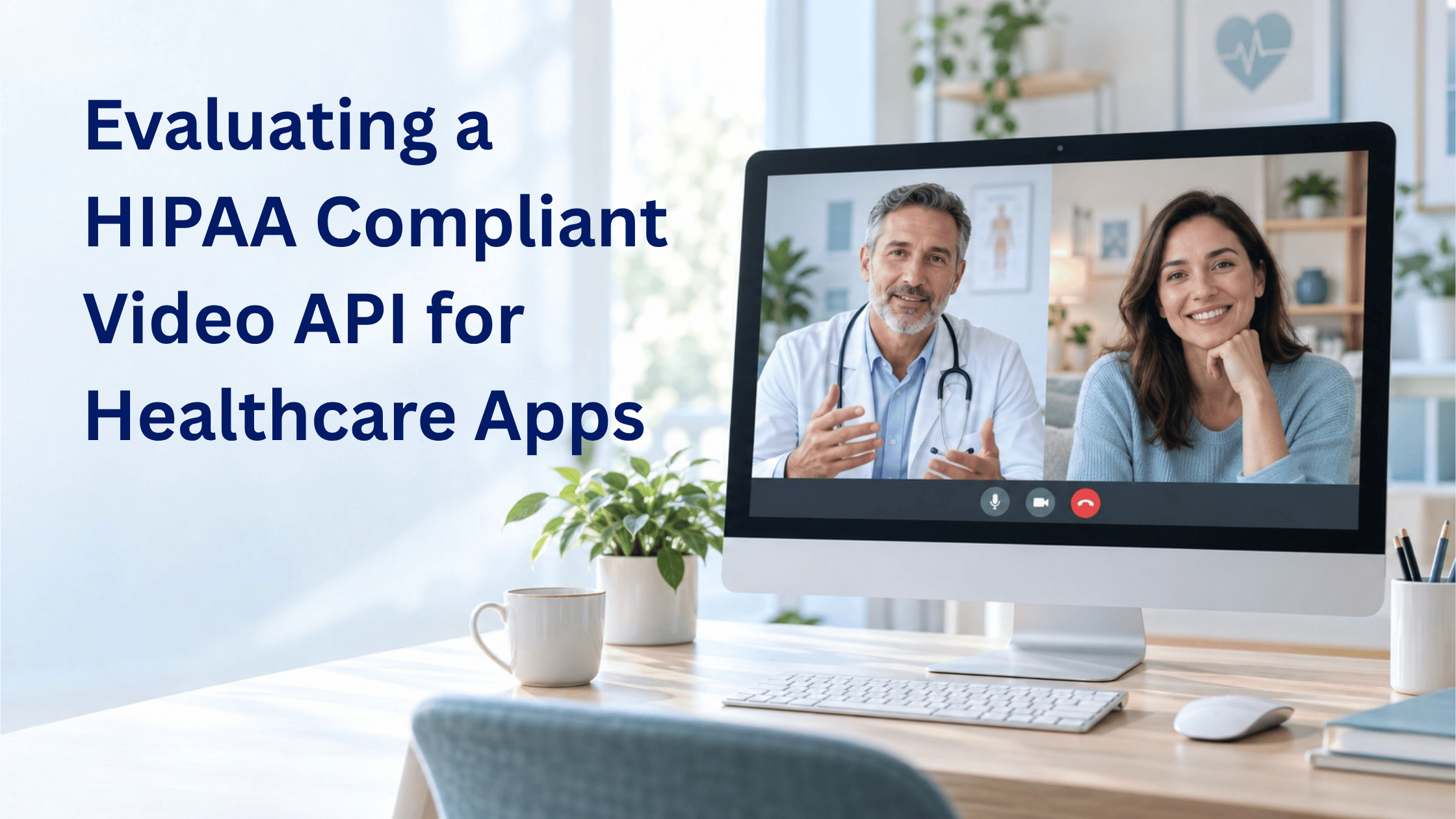 Doctor and patient speaking through a video consultation displayed on a desktop computer.