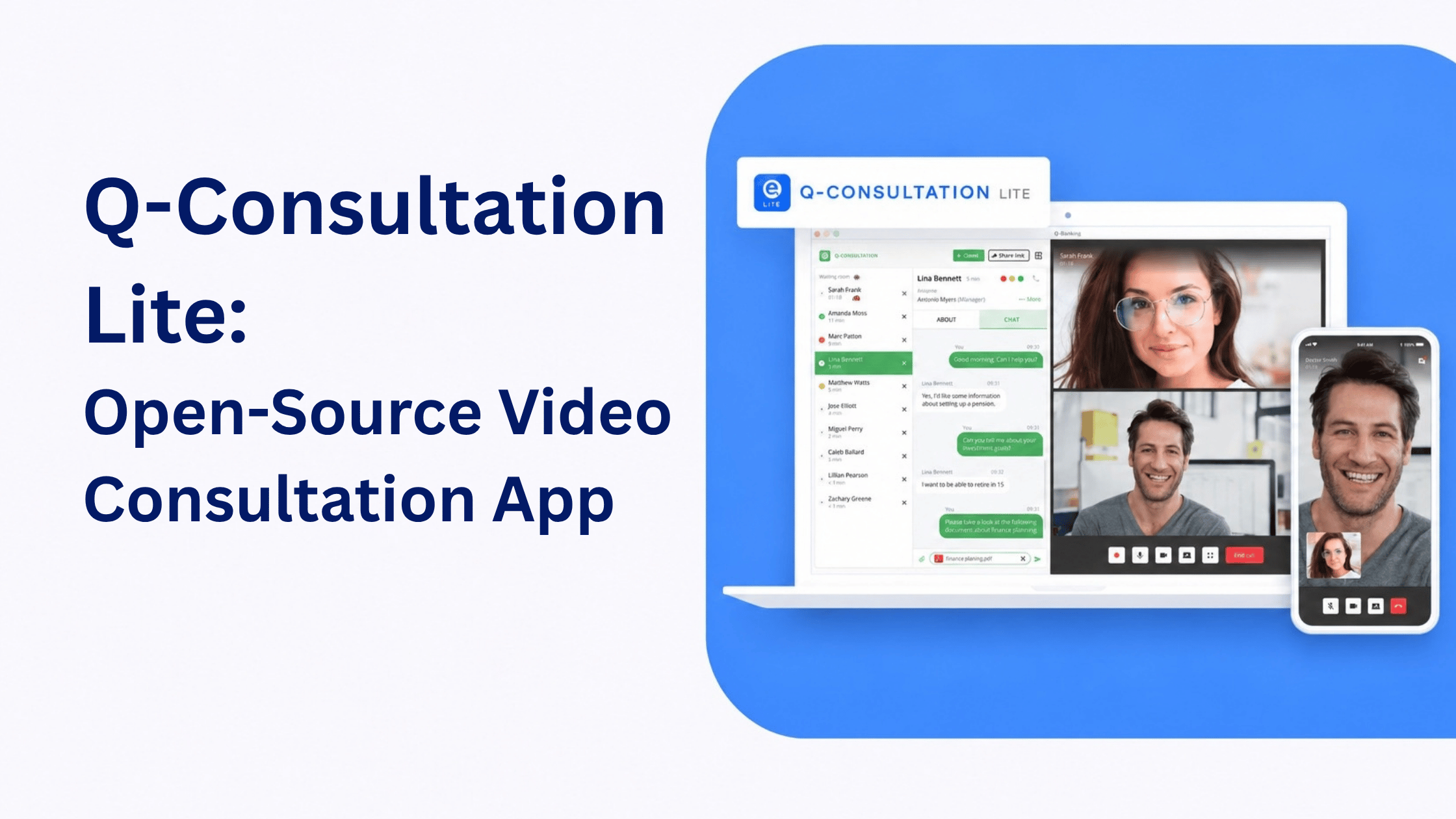A laptop screen video displaying a video call built on Q-Consultation Lite, an open source video consultation app