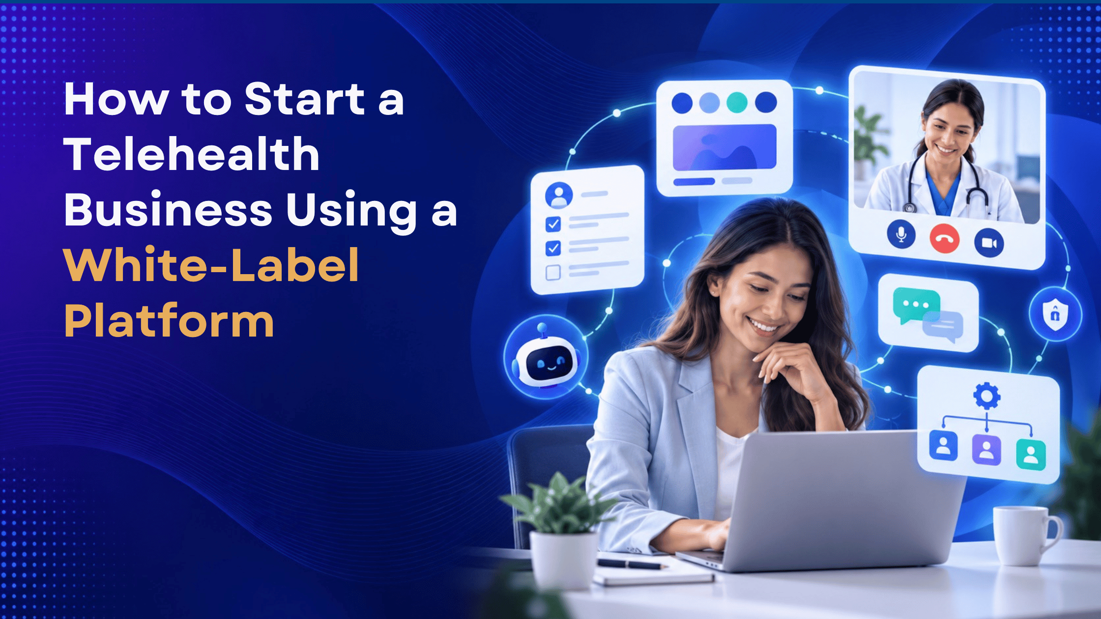 Healthcare entrepreneur configuring a white-label telehealth platform with video, messaging, intake, AI, and workflow tools.