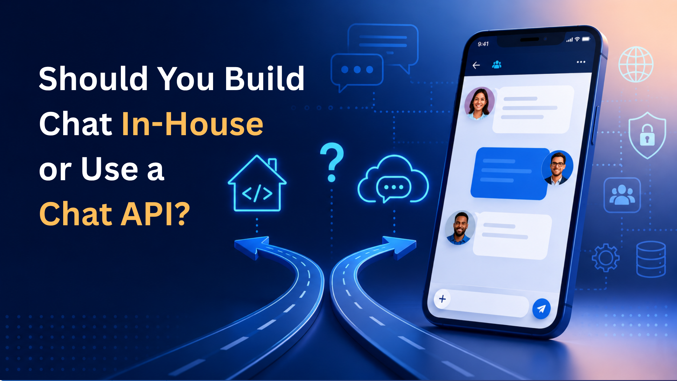 Illustration of a mobile chat application alongside a decision between building chat in-house and using a Chat API, representing communication infrastructure for web and mobile apps.