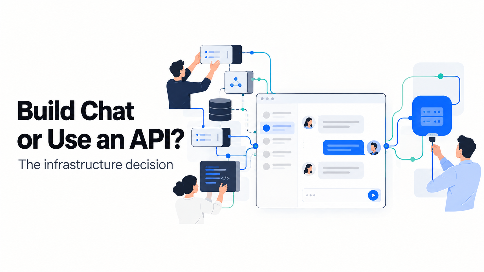 Illustration comparing an in-house chat build with a managed Chat API, both connected to an in-app messaging interface.