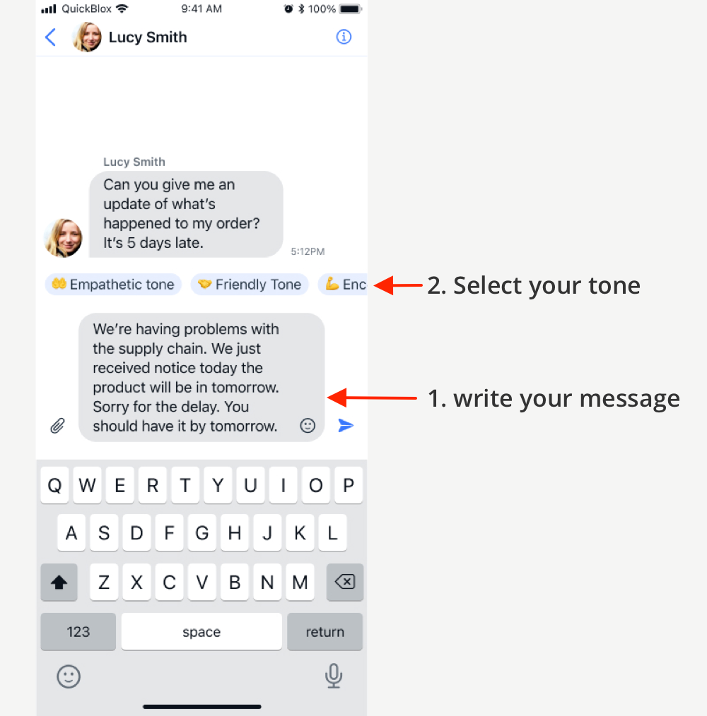 chat screen 1 showing AI Rephrase functionality
