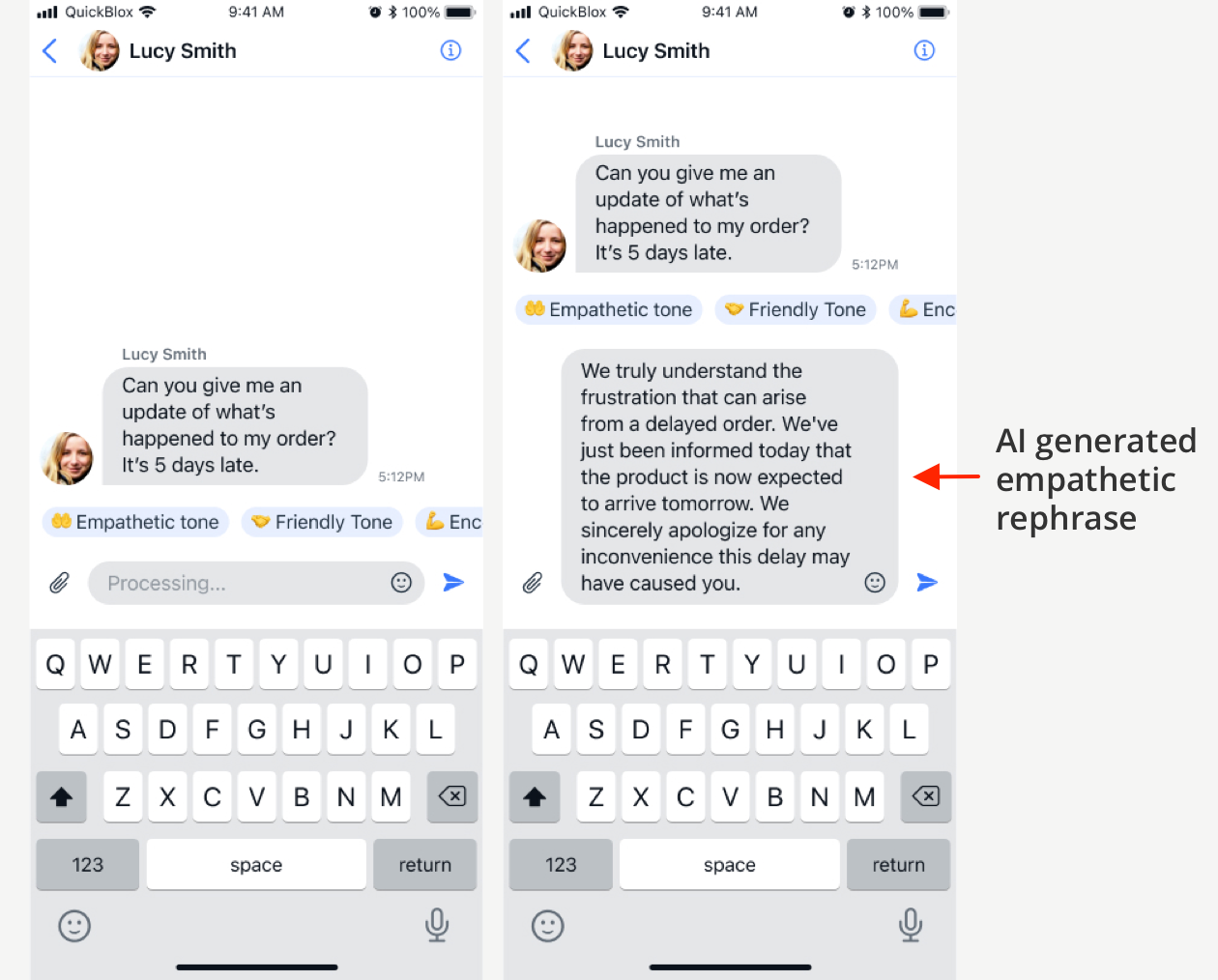 chat screen 2 and 3 showing AI Rephrase functionality