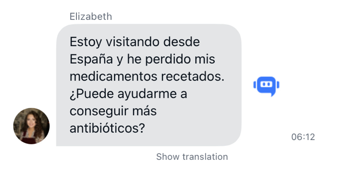 Chat screen showing Spanish message