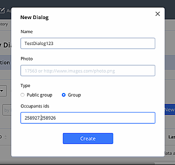 QuickBlox Dashboard: create group dialog