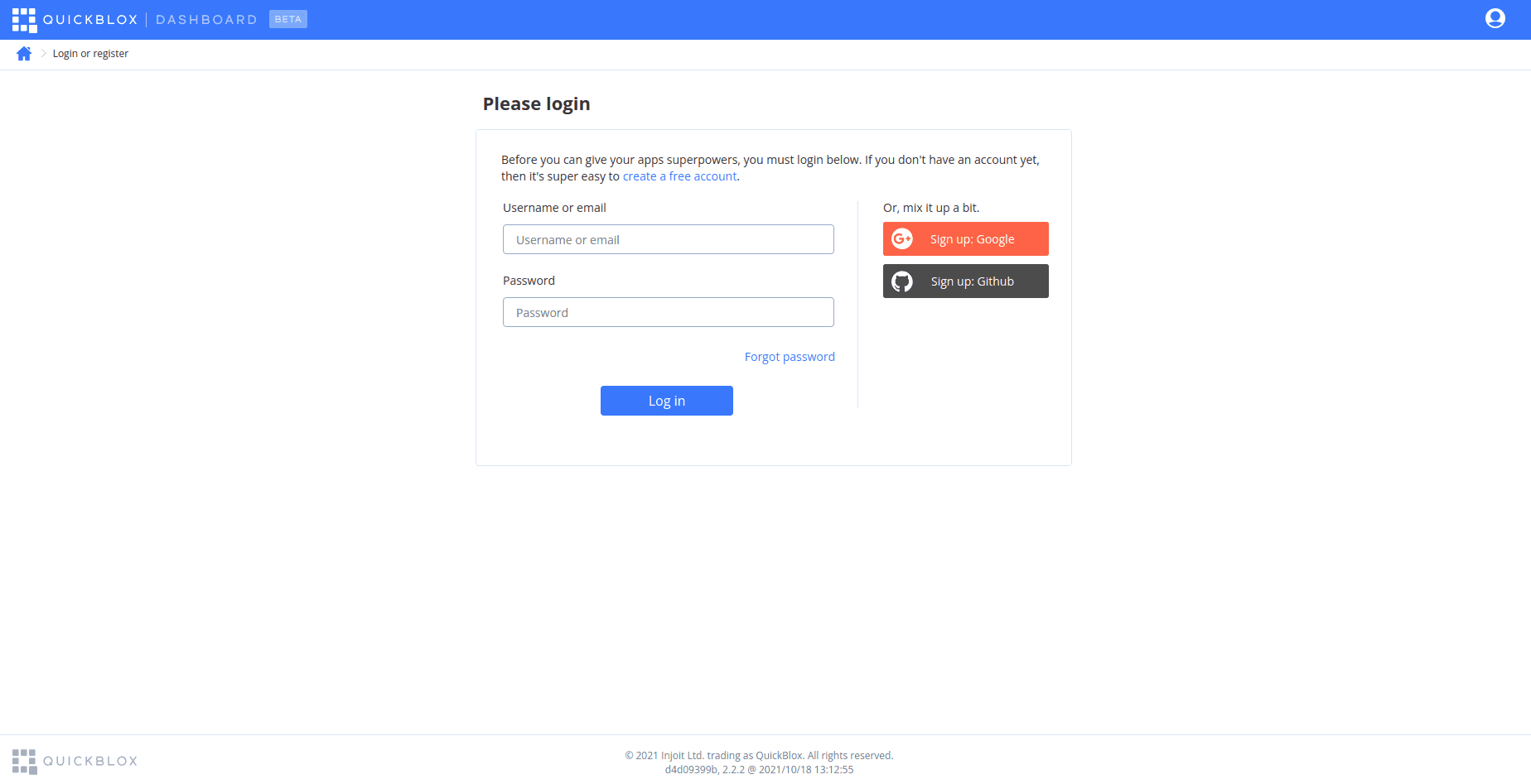 QuickBlox sign-in page