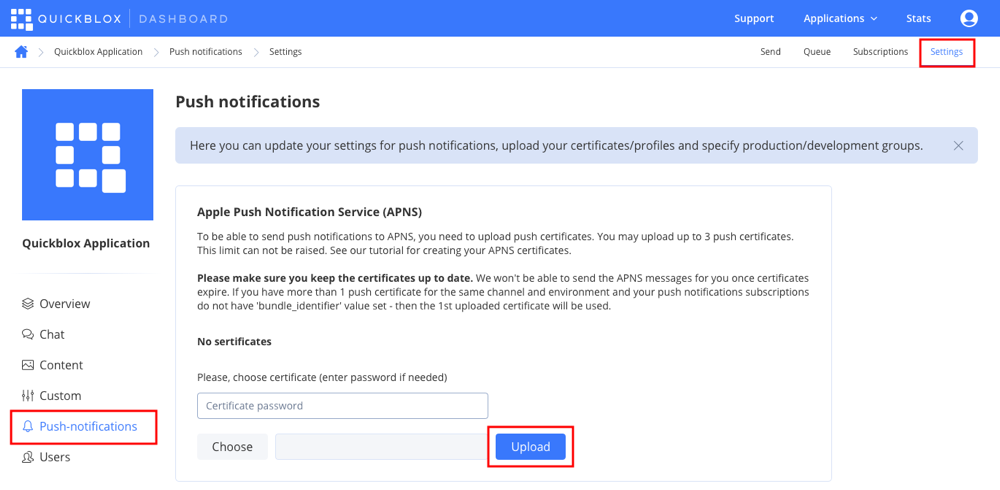 Upload certificate to Dashboard
