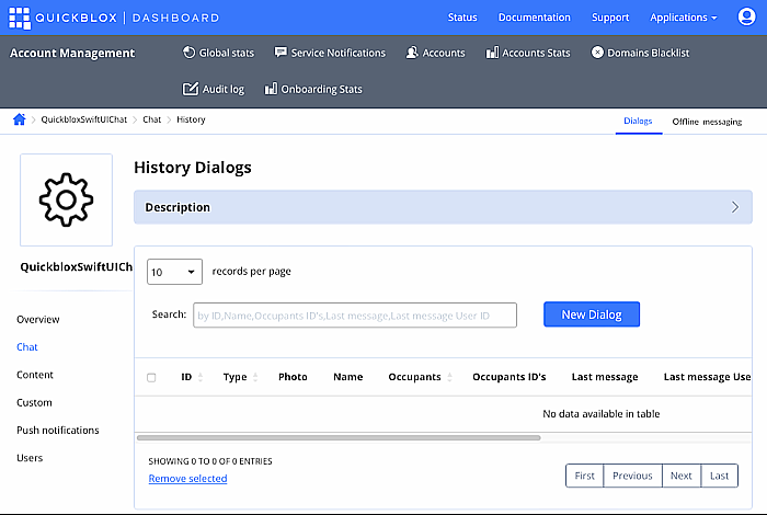 QuickBlox dashboard: history dialogs
