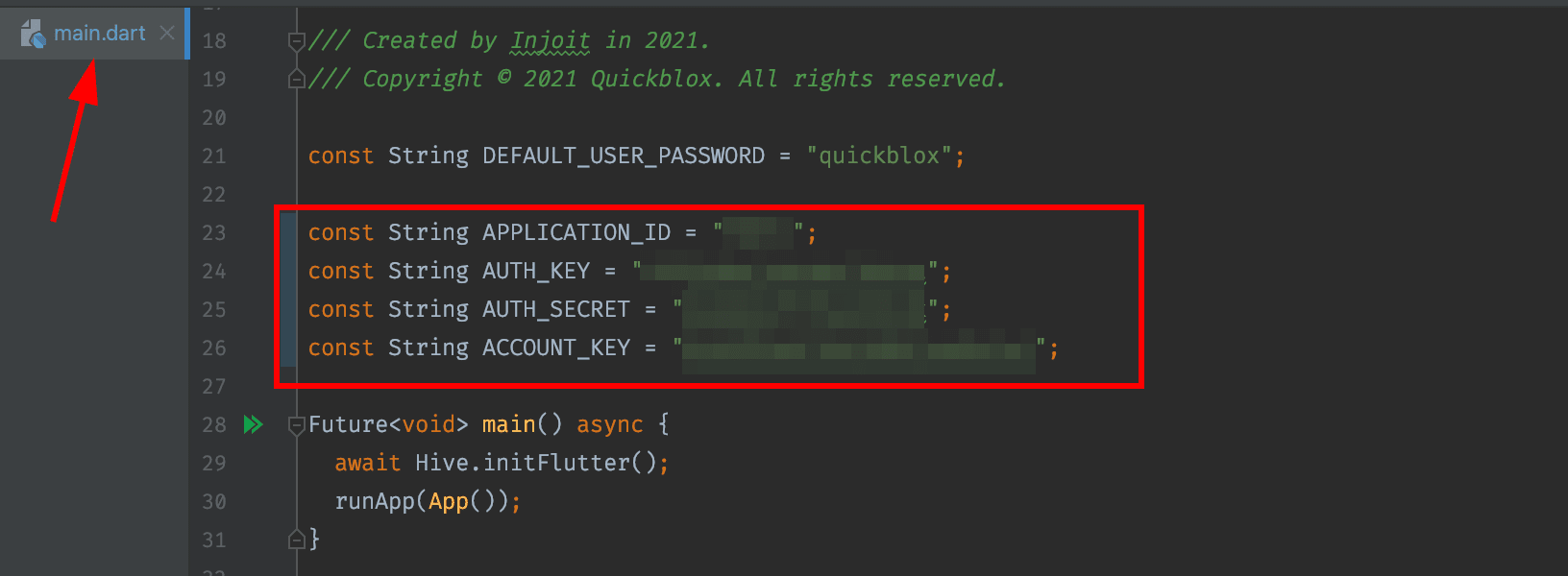 QuickBlox Flutter chat sample with the application credential constants highlighted in main.dart.