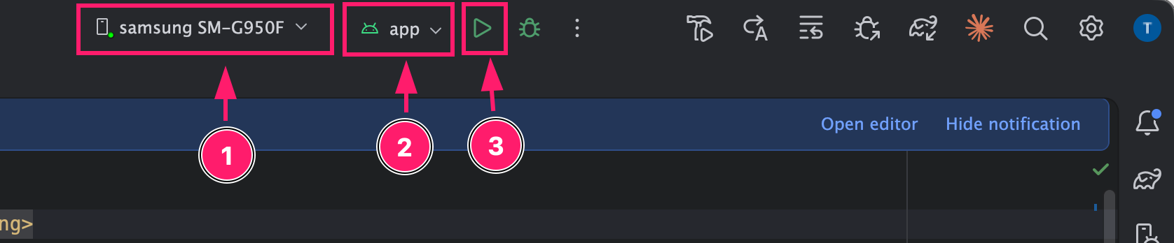 Android Studio toolbar showing the target-device selector and Run button for the Flutter chat sample.