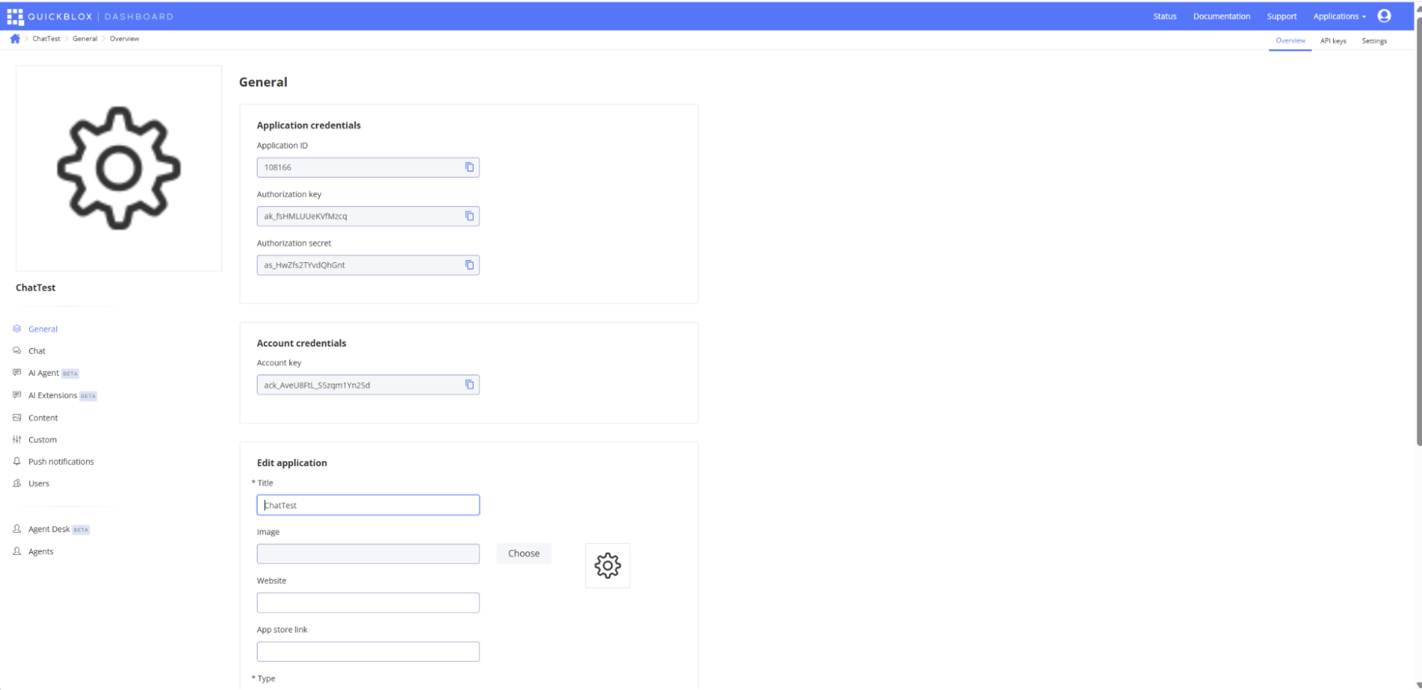 QuickBlox dashboard