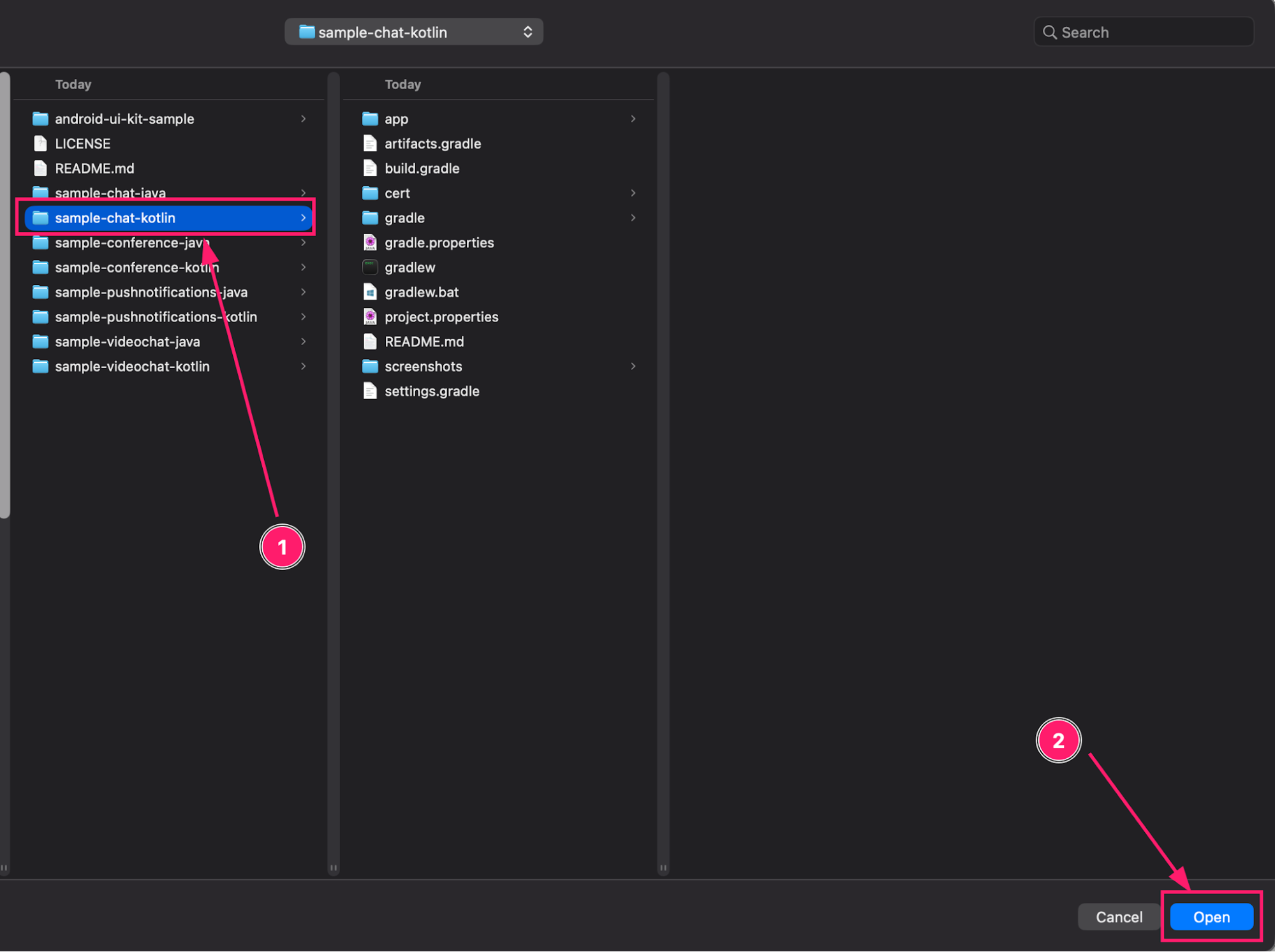 Android Studio opening the QuickBlox Flutter chat sample project
