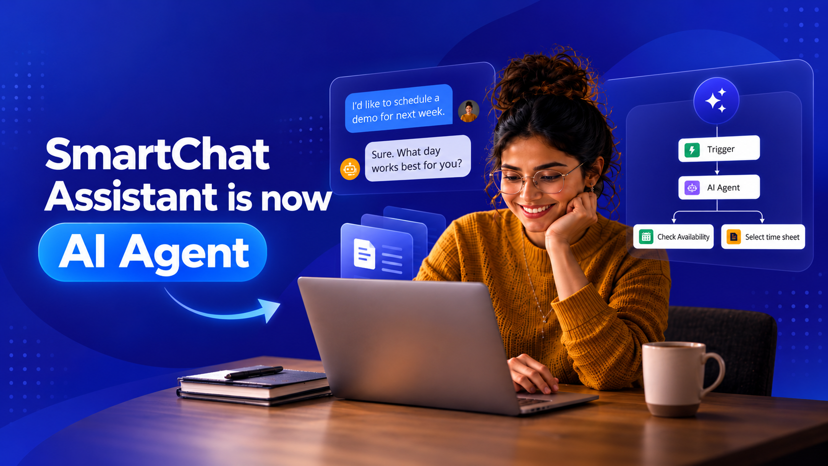 Woman using a laptop beside an AI chat and workflow diagram, with text announcing that SmartChat Assistant is now AI Agent.