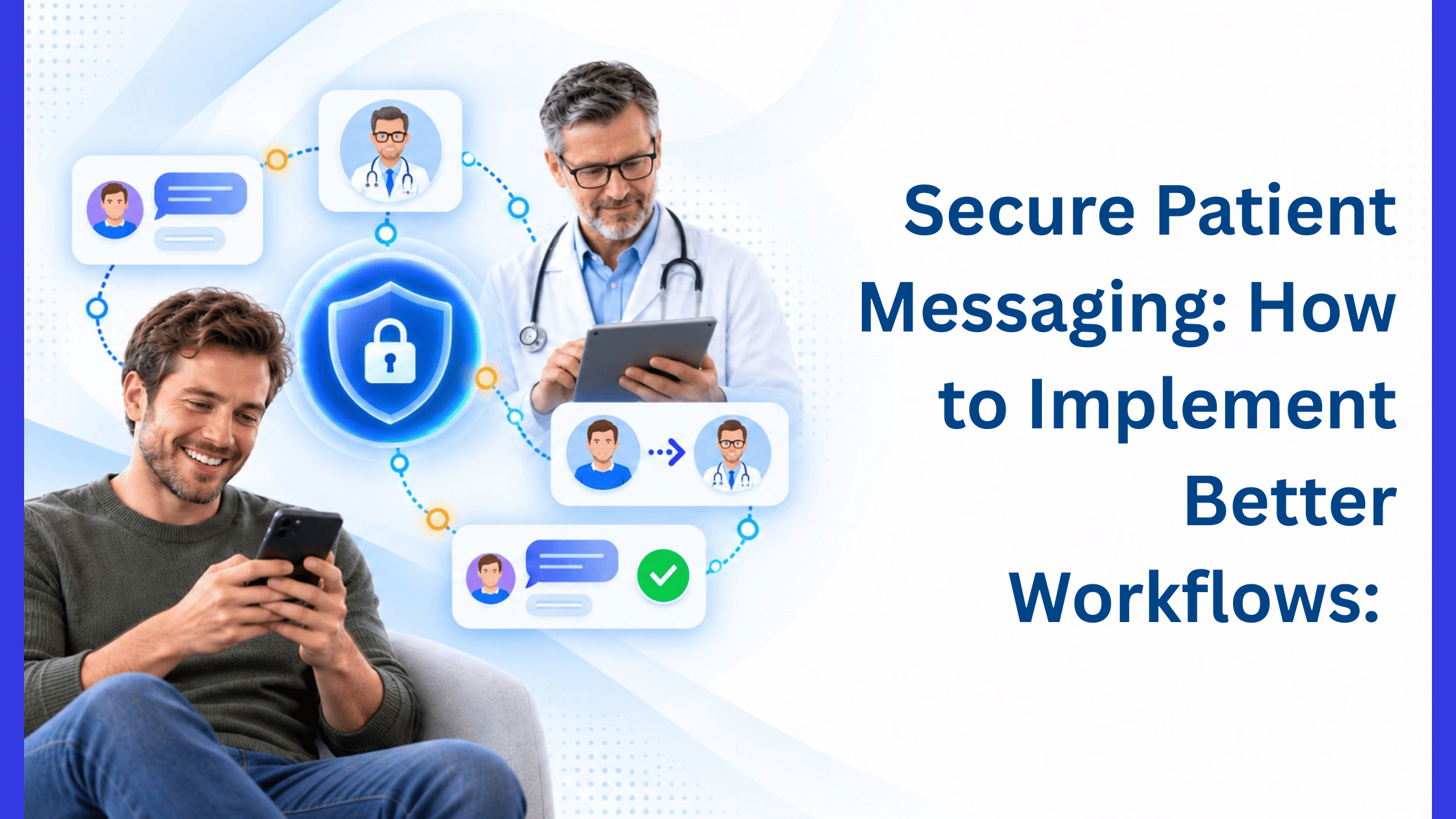 Patient using secure messaging on his phone while a doctor reviews messages, with icons representing security, routing, handoff, and resolution.
