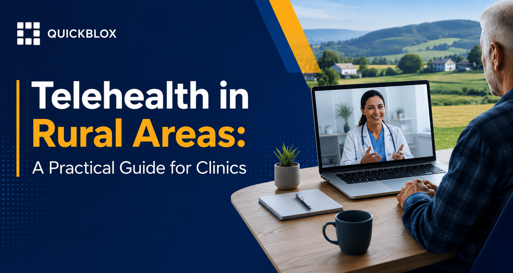 Banner image for a telehealth blog showing a rural patient attending a video consultation with a doctor on a laptop, alongside the title “Telehealth in Rural Areas: A Practical Guide for Clinics."