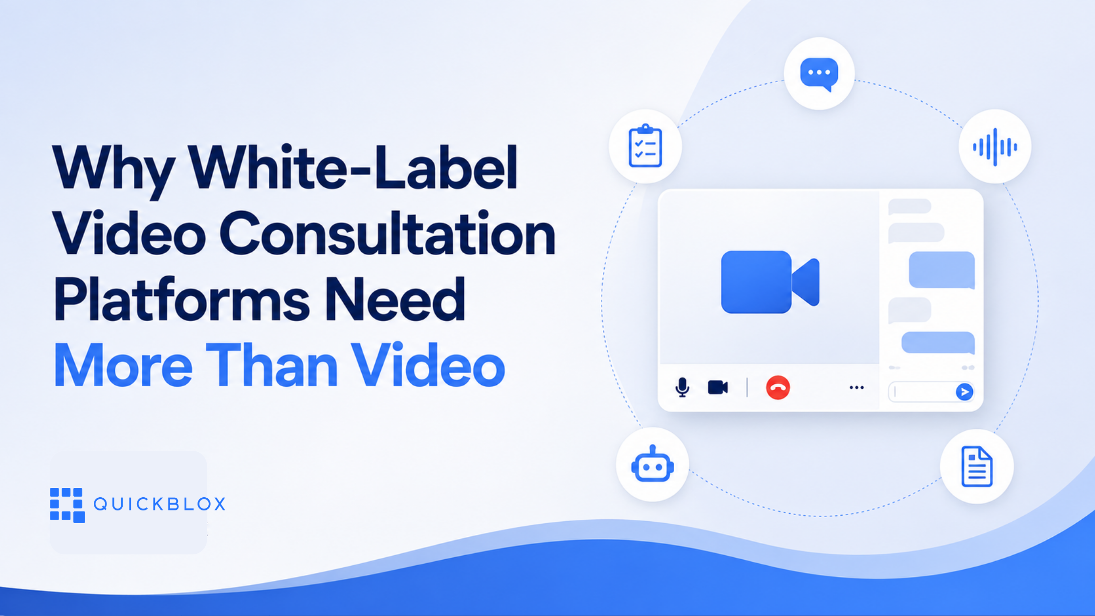 Illustration of a white-label video consultation platform with integrated video, chat, AI, voice, and workflow features representing a unified consultation experience.